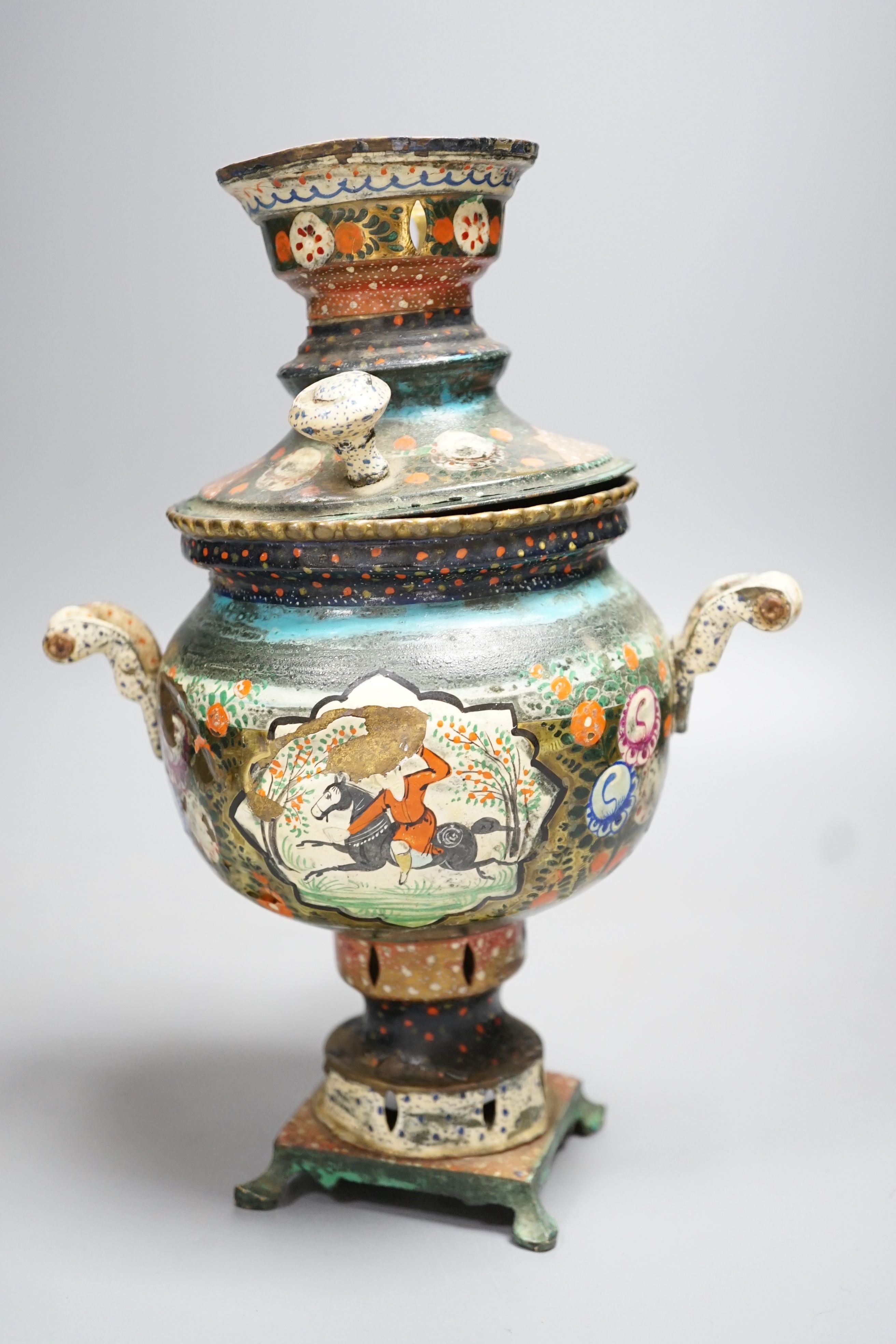 A Persian enamelled brass tea urn 24cm